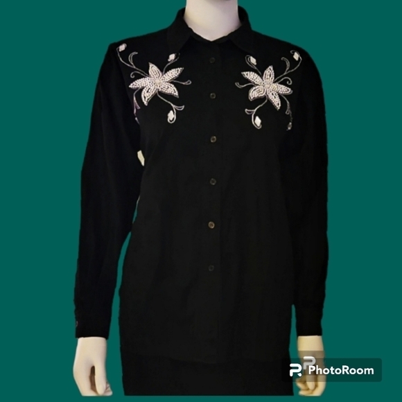 VTG GITANO 1980's Black Floral Jeweled Bedazzled Cowboy Core Button Down Shirt - Picture 1 of 9